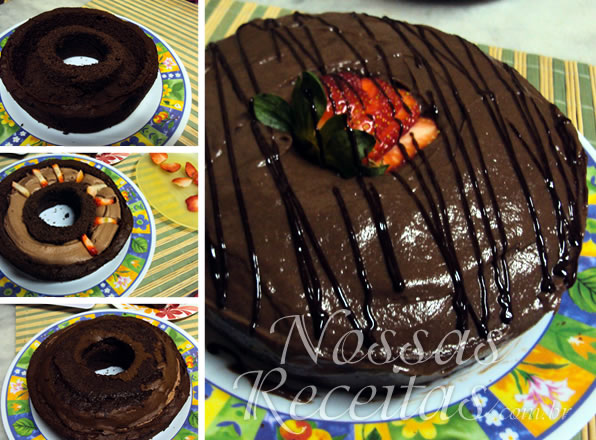 receita de bolo cavado de chocolate recheado com mousse e com morangos